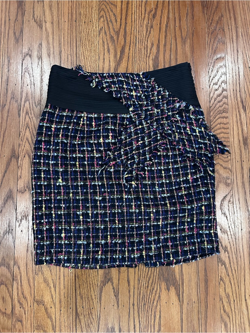 Black Tweed Pencil Skirt with Multicolor Thread Detail